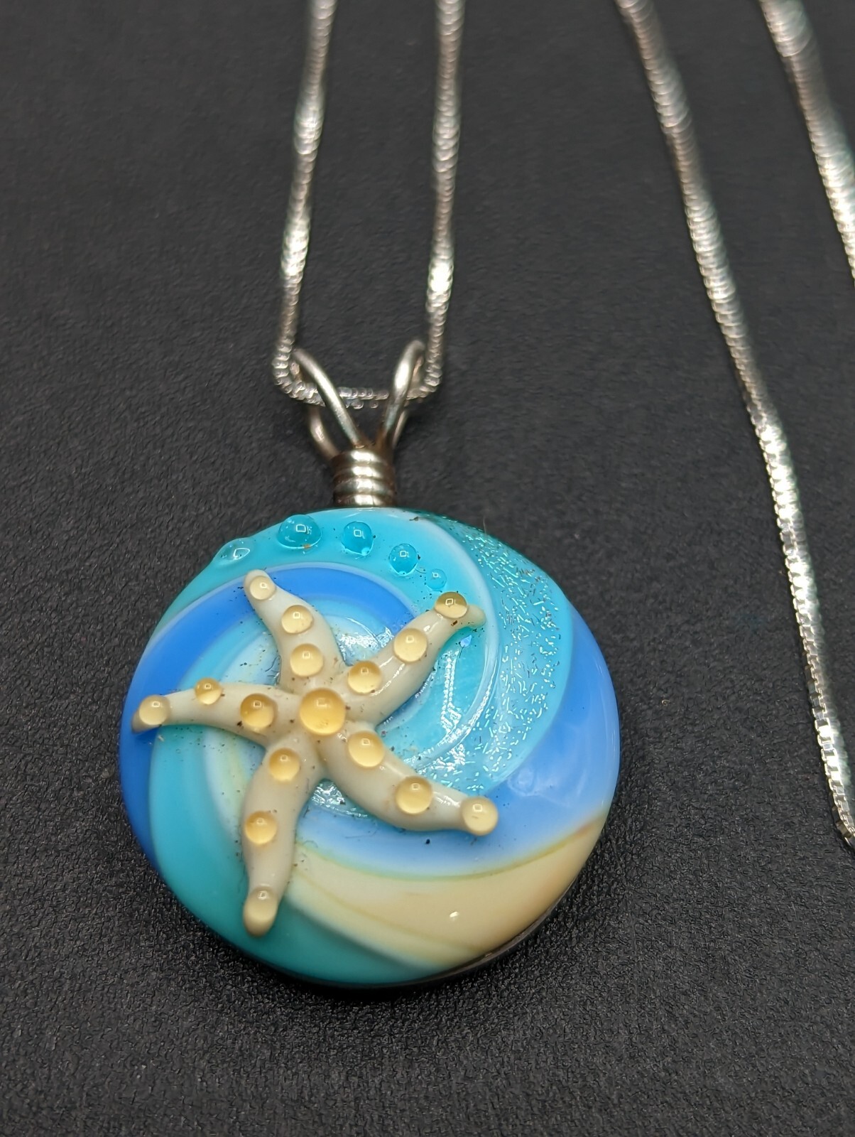 Sterling Silver Art Glass Starfish Beach Pendant Form Maui Hawaii Chain Necklace