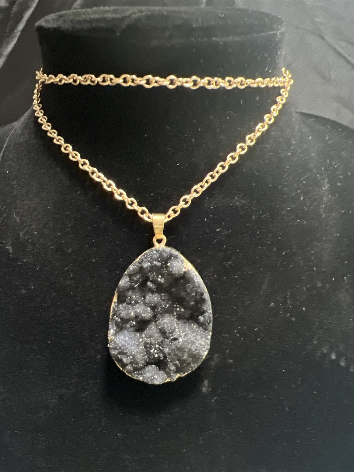 Black Quartz Druzy Pendant (1.75 In) With Necklace (12in)