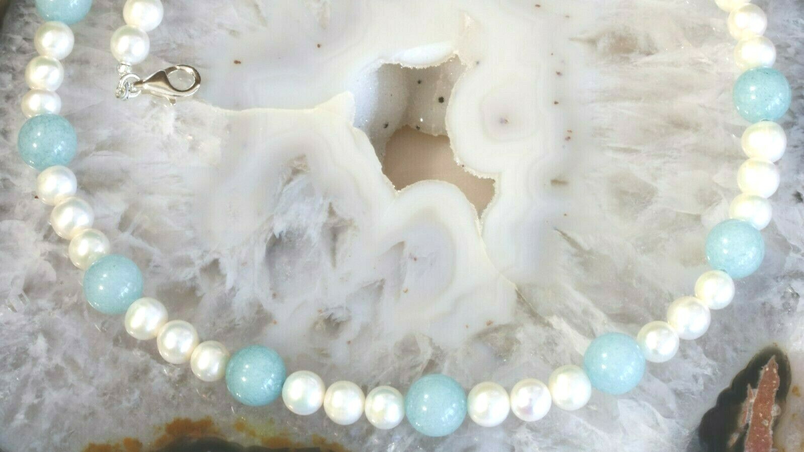 WHITE PEARL AQUA BLUE GREEN AGATE 925 STERLING SILVER 20″ NECKLACE Joy’s Jewels