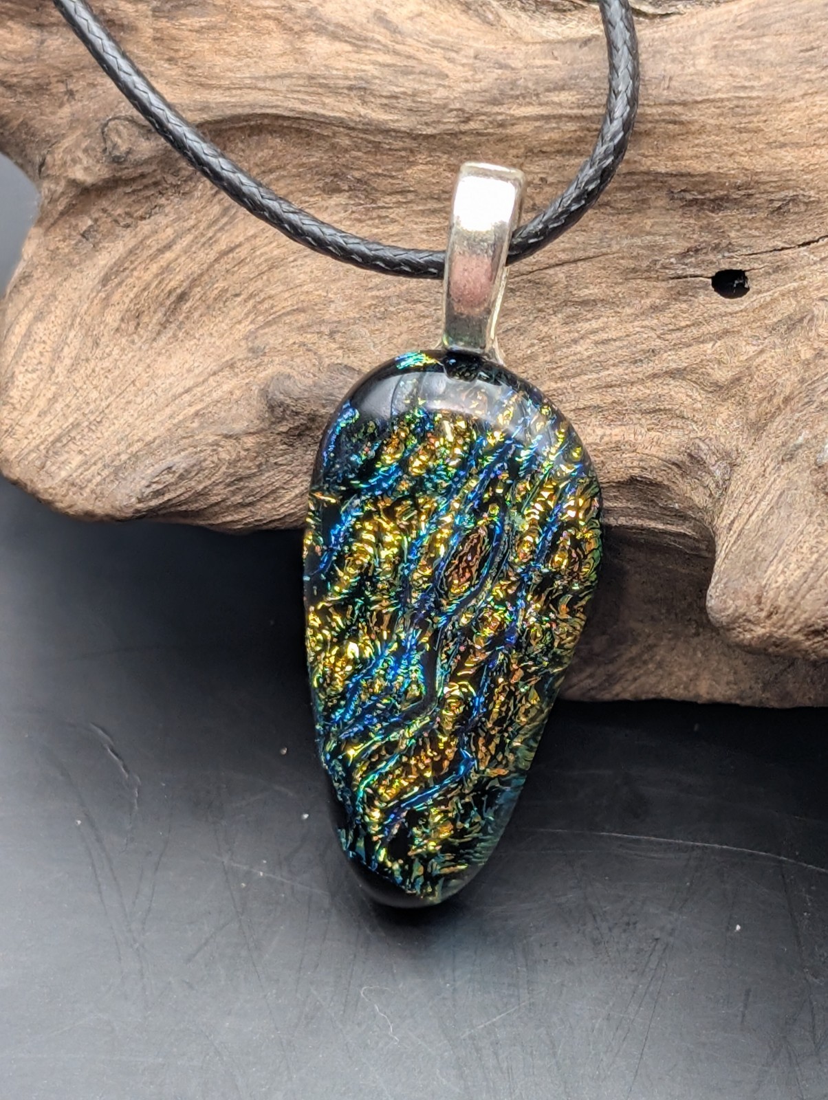 Blue Green Multicolor Fused Dichroic Glass necklace Silver bail #503