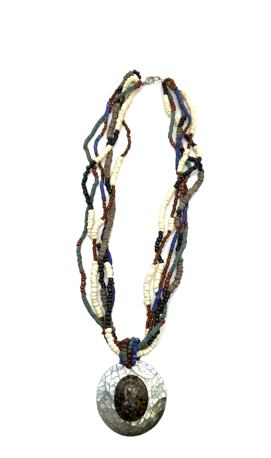 Vintage Beaded Mosaic Abalone Shell Round Pendant Necklace Multicolor Ethnic
