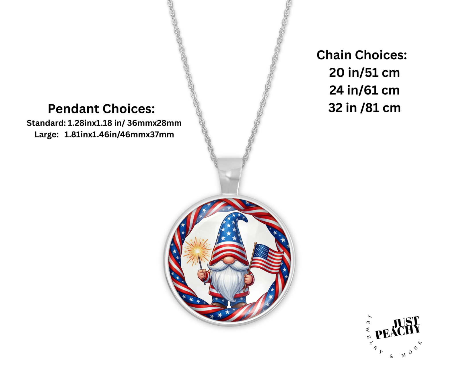Patriotic USA Flag Gnome Art Silver Jewelry Necklace Set