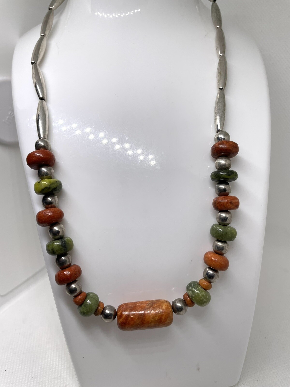 Sage Green & Rust Ceramic Beads W/ Silver Plated Tube Beads Choker Necklace