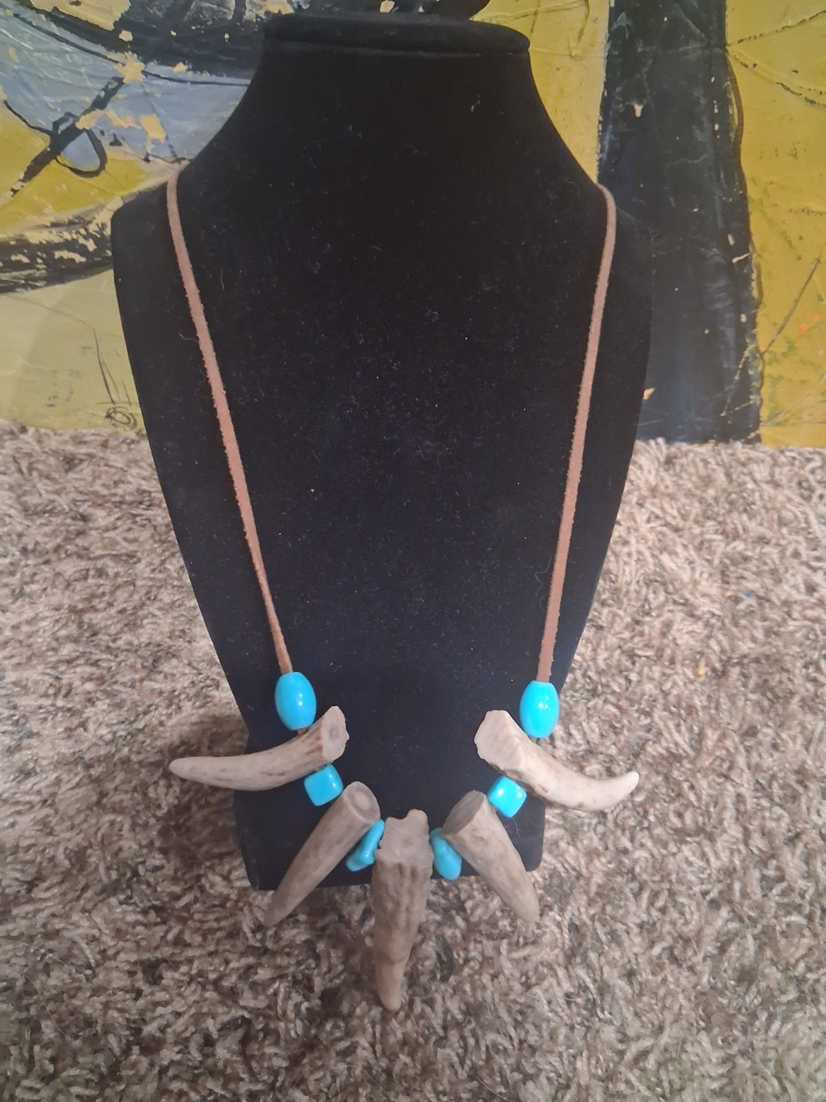Hand Made 5 Deer Antler Tip 22″ Leather Cord Necklace w/ Turquoise Stone & Beads