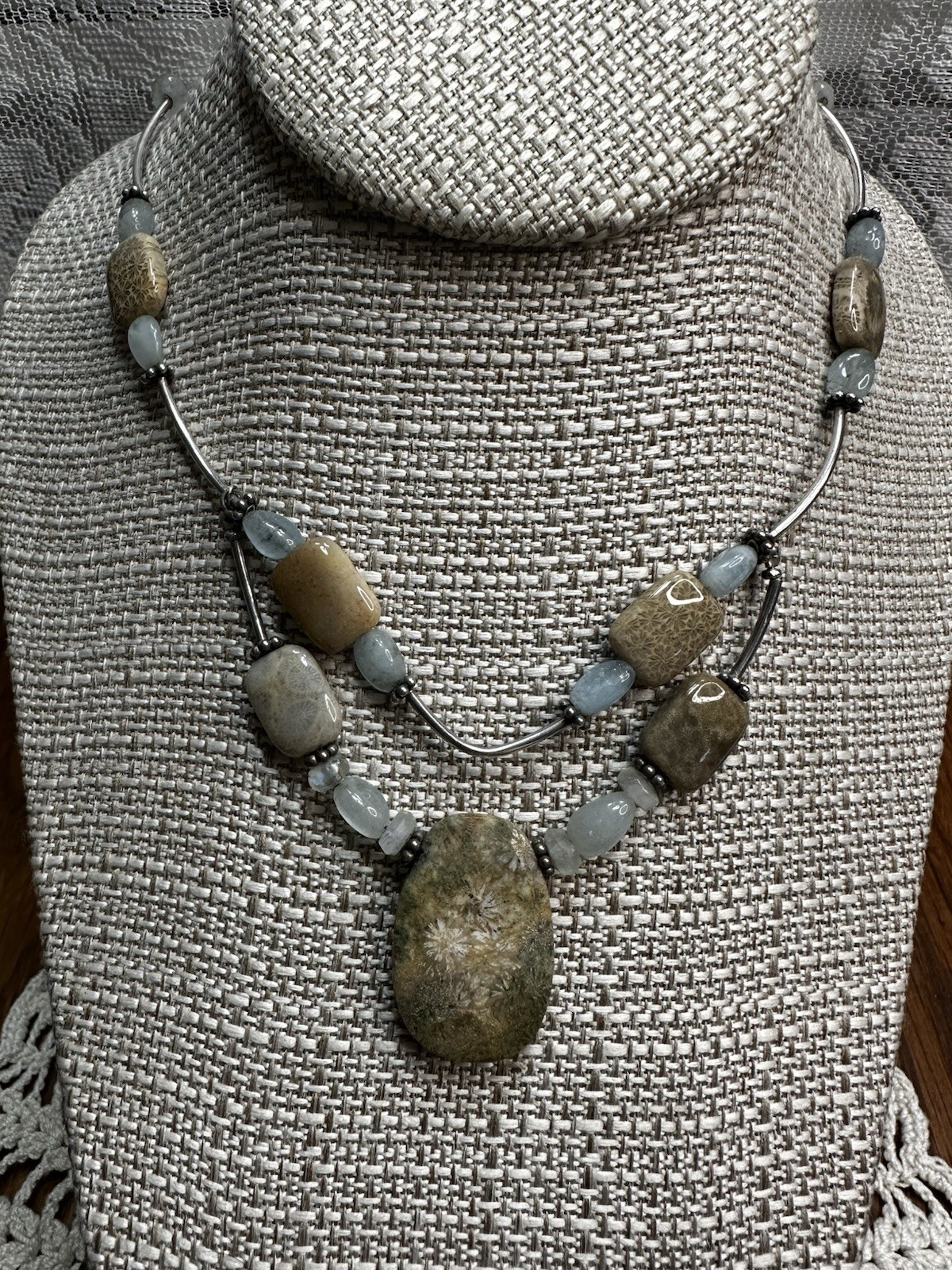 Sterling Silver 925 Agatized Coral, Aquamarine & Moonstone Beaded Necklace 17”