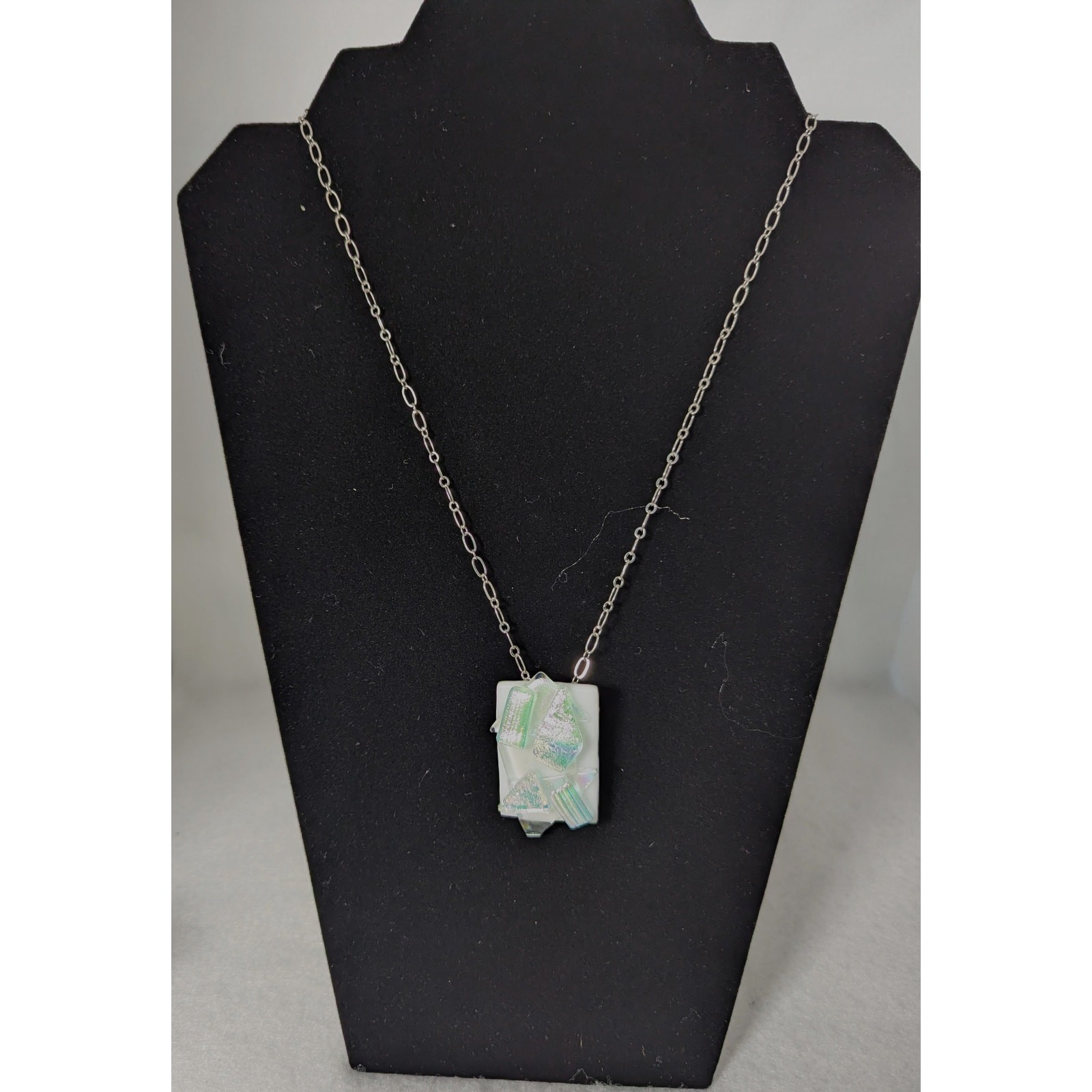 White fused + iridescent glass aurora Pin/Pendant SP 20″ chain 11/4″ x 1 3/4″