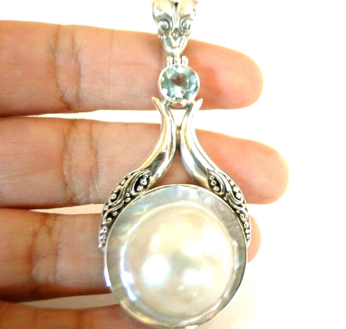 Round Blister Pearl Blue Topaz 925 Sterling Silver Pendant
