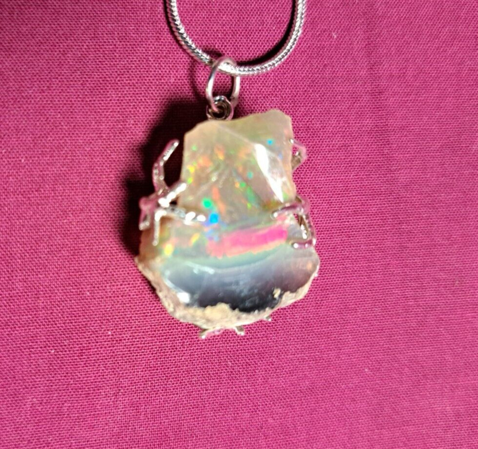 Unique Dark Ethiopian Welo Opal Rough Pendant Silver Plated Tree Branch Wrap