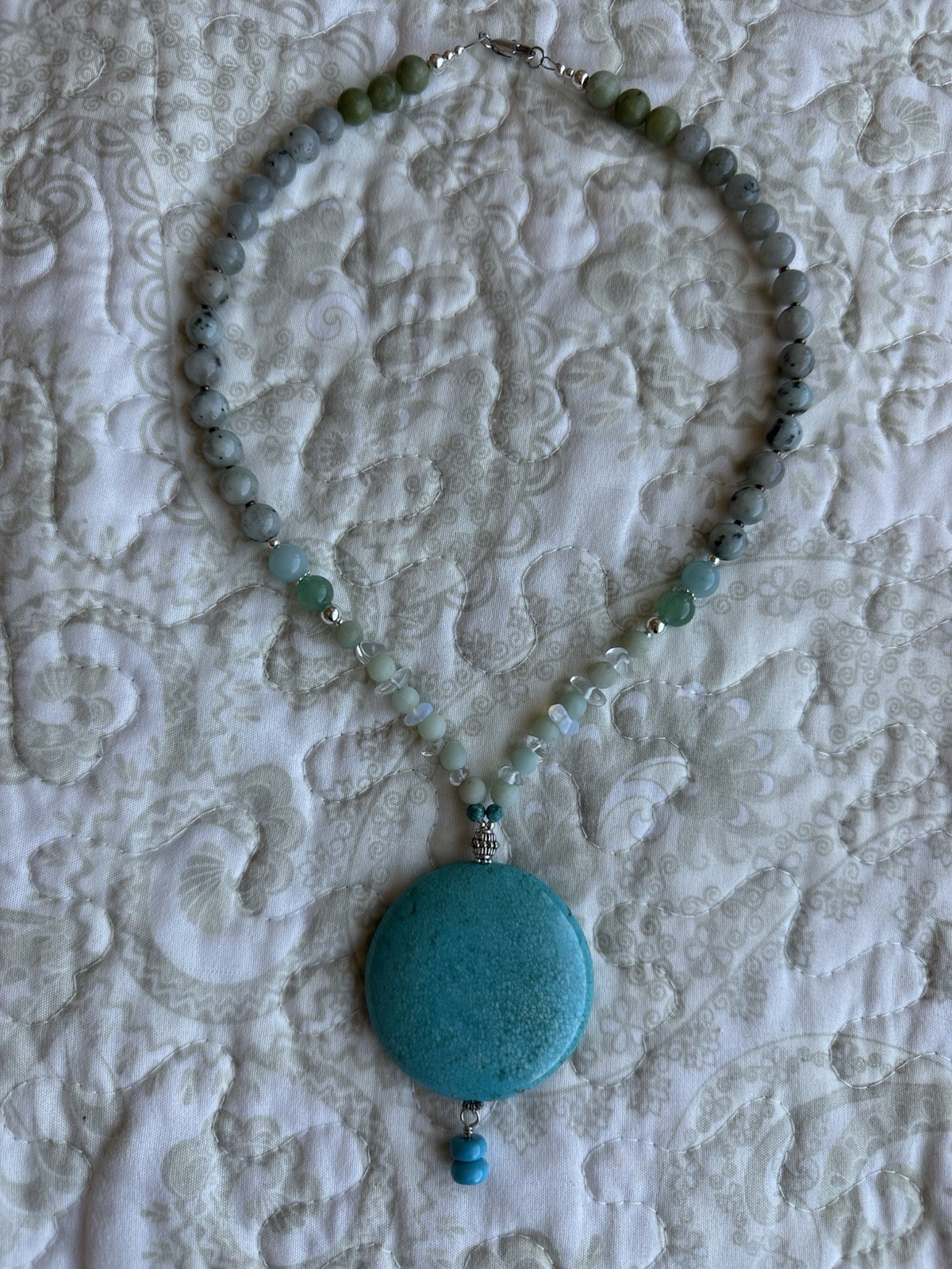 Round Turquoise Blue Howlite 2” Pendant Mix Gemstone Beaded Necklace-Handmade