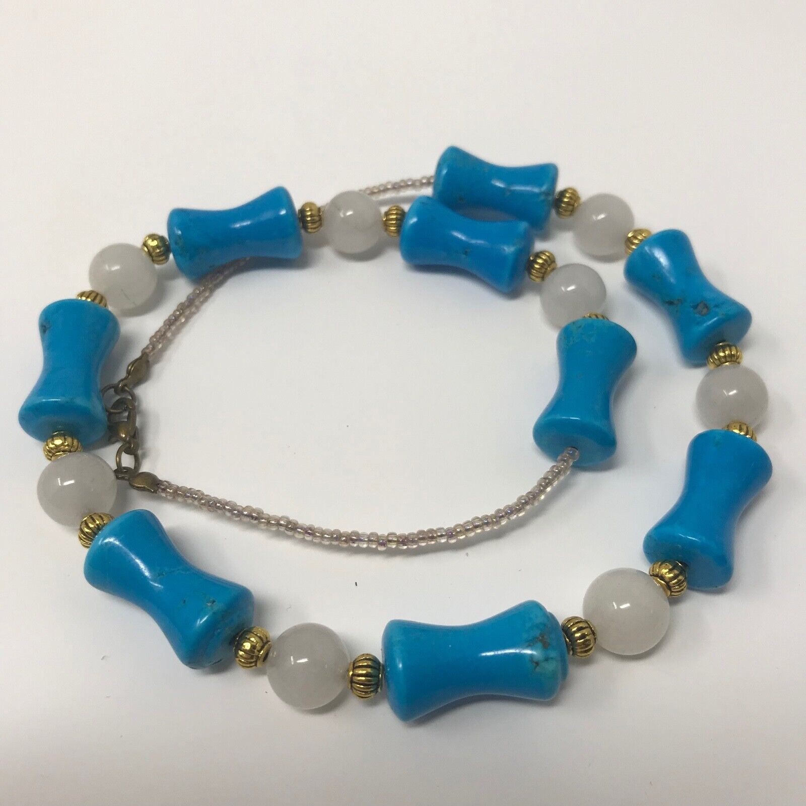 Handmade Beaded Necklace Turquoise Magnesite and White Snow Quartz Natural Stone