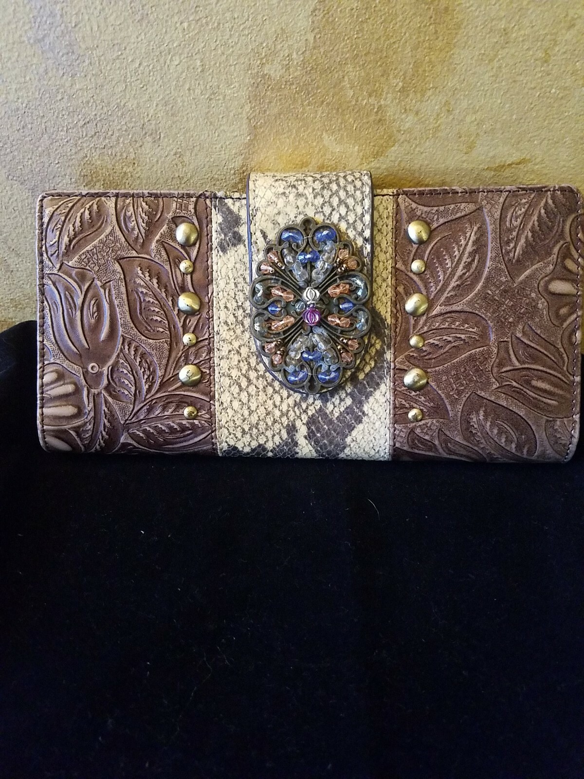 Brown and Beige Enbossed Leather and Snakeskin Wallet Embellished With Beads