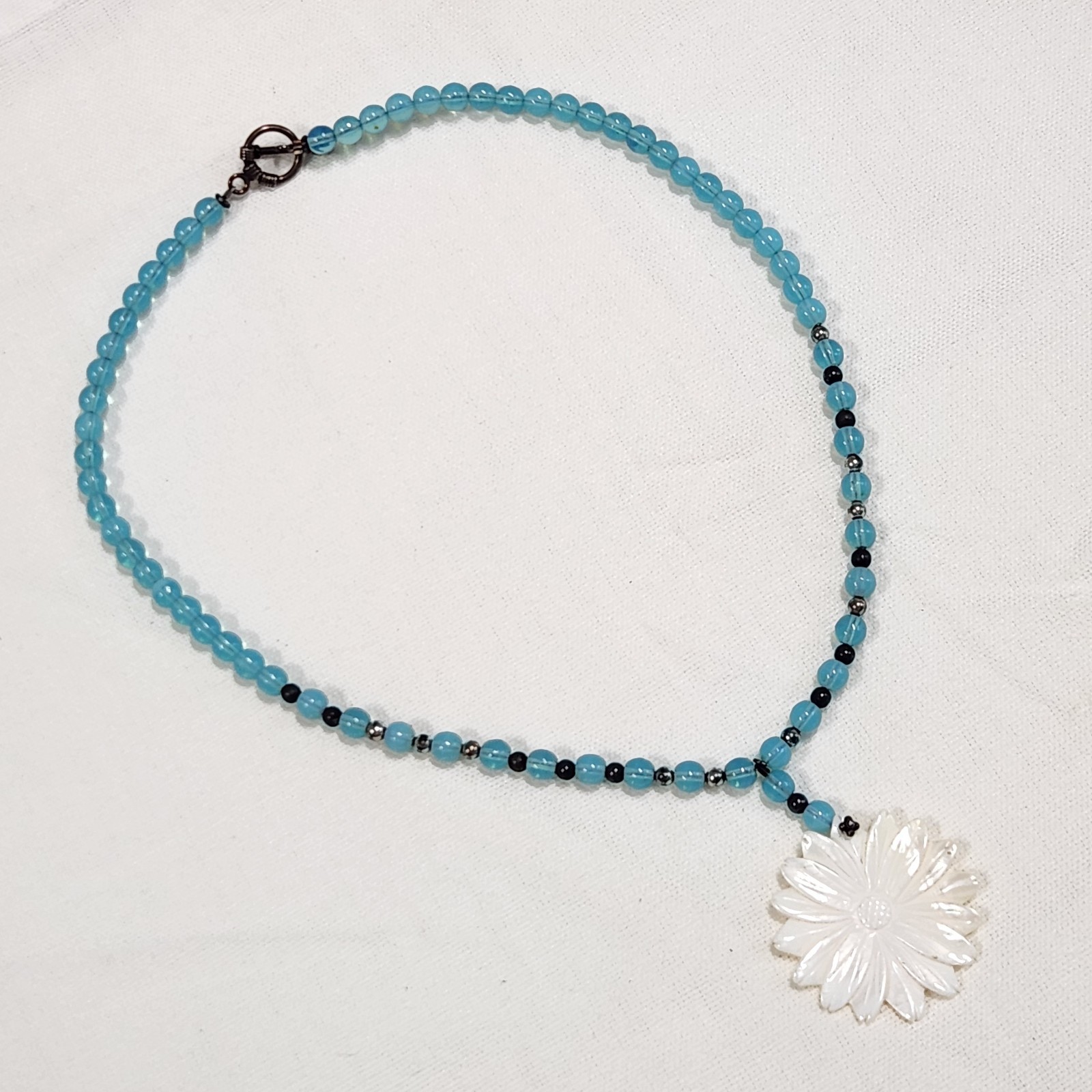 Necklace~Handmade~ Beaded Featuring a Large Daisy Carved Mother-of-Pearl pendant