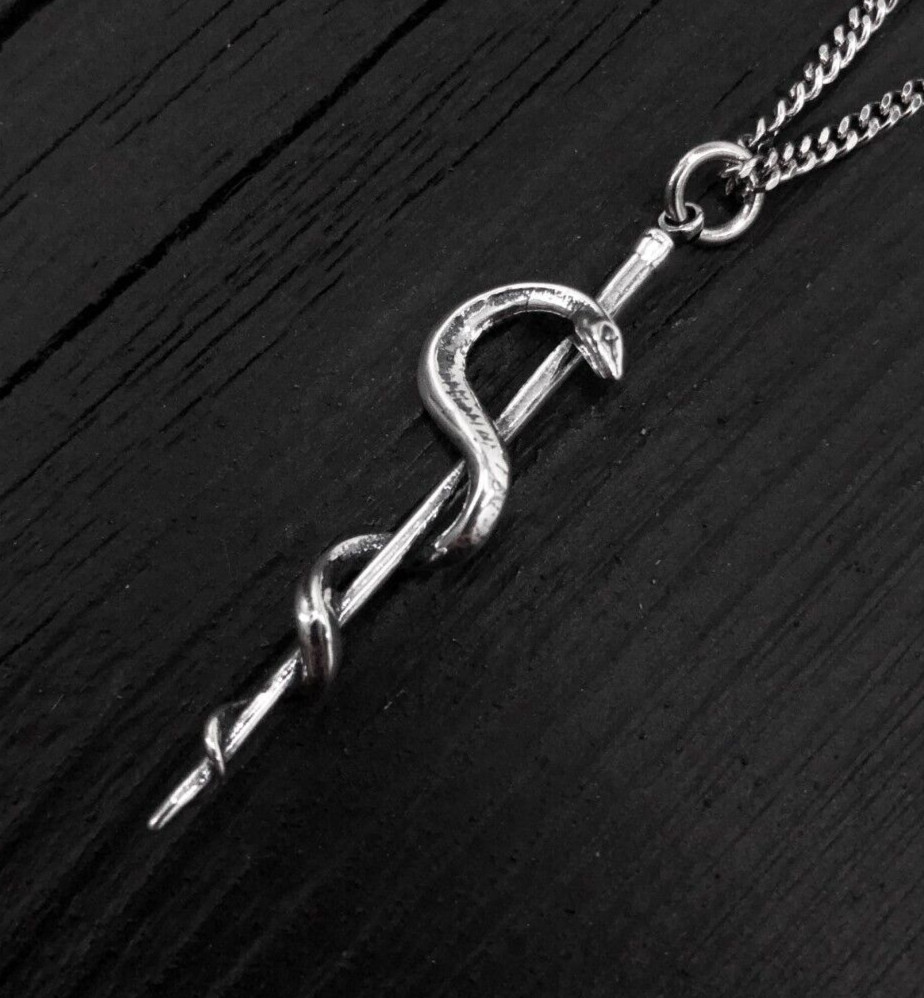 Rod Of Asclepius Pendant Necklace -Solid 925 Sterling Silver 644