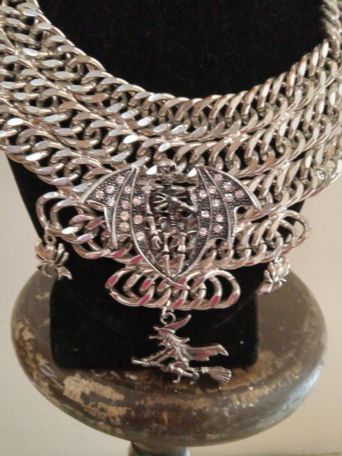 Vintage Aldo OOAK Gothic Collar Necklace Halloween Bat Witch Spider Silver Tone