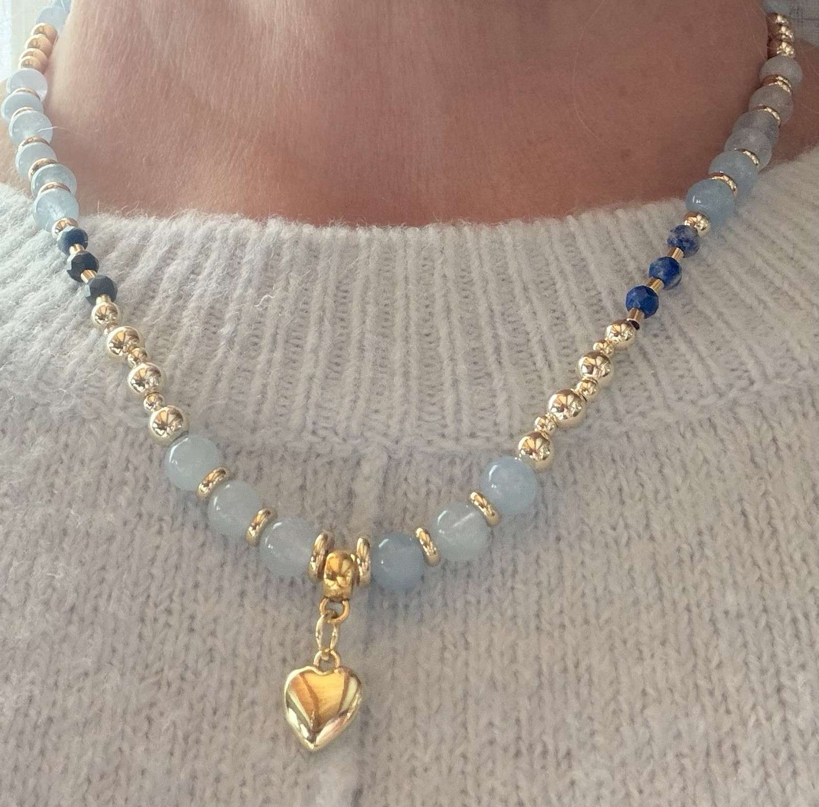 GIFT Necklace.Natural Aquamarine,Lapis Lazuli,gold plated beads,heart pendant18”
