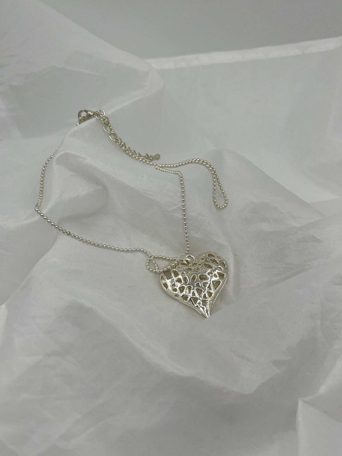 Silver Tone Puffed Open Heart Pendant on Adjustable Chain Necklace