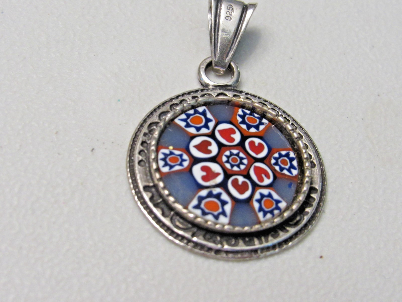 VINTAGE MURANO MILLEFIOR GLASS STERLING SILVER PENDANT with HEARTS ITALY