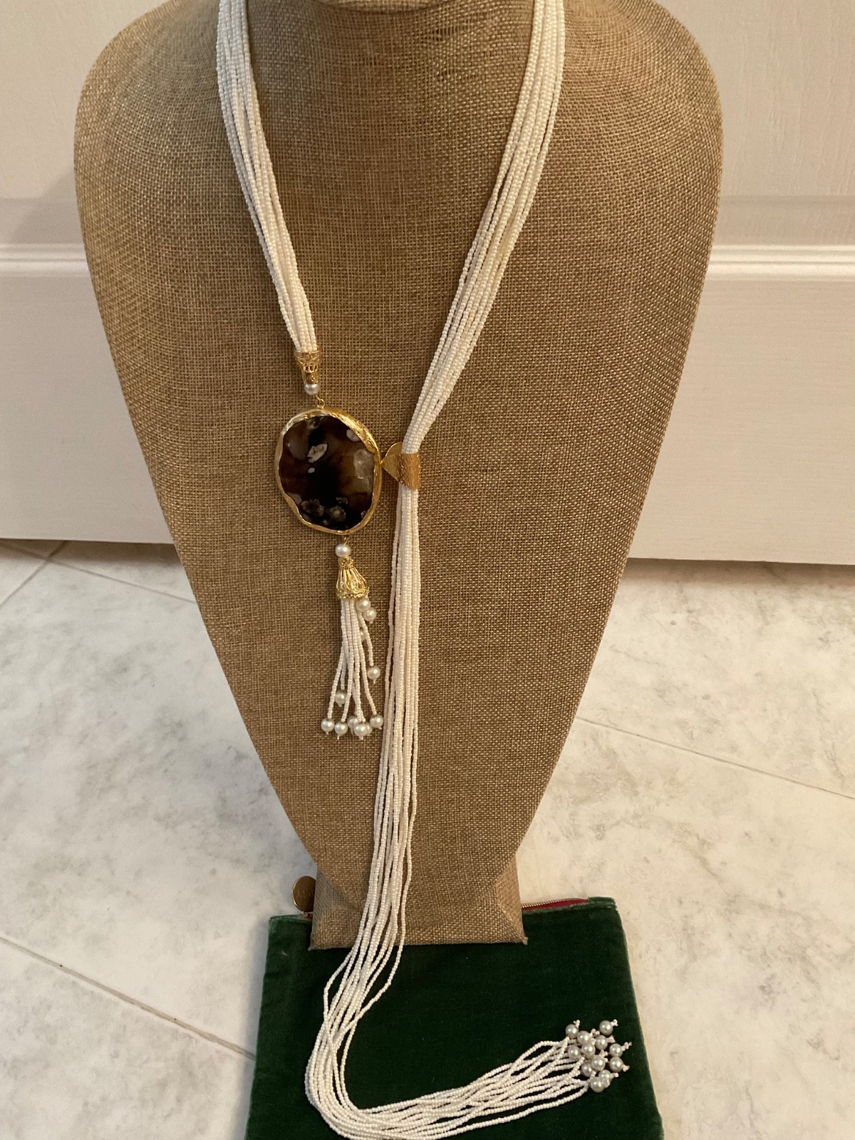 Handmade Necklace w/Long String of Pearls/Gold Plated w/STONE UNIQUE/from TURKEY