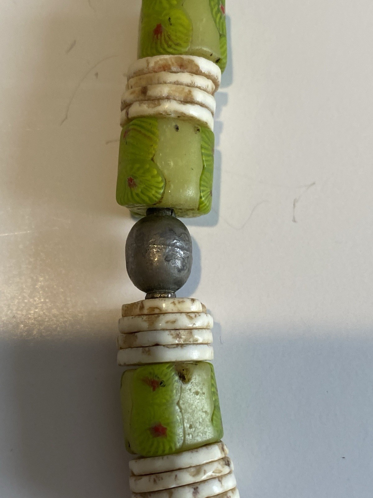 Artisan Necklace Hand Made – Silver Tone Pendant Green Beads and white shells
