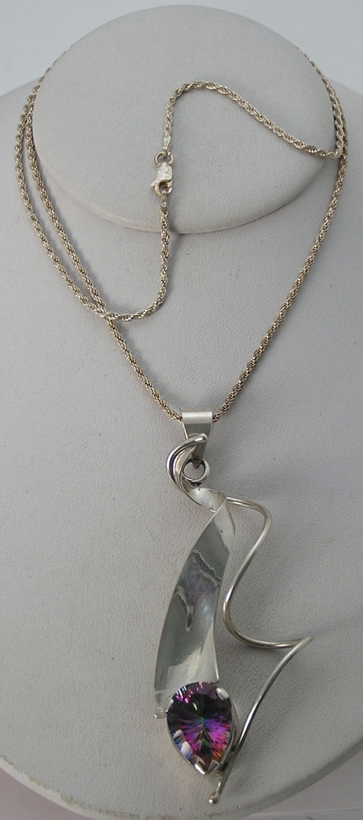 Sterling Modernist Mystic Topaz Flat Wide Abstract Ribbon Spiral Wire Necklace