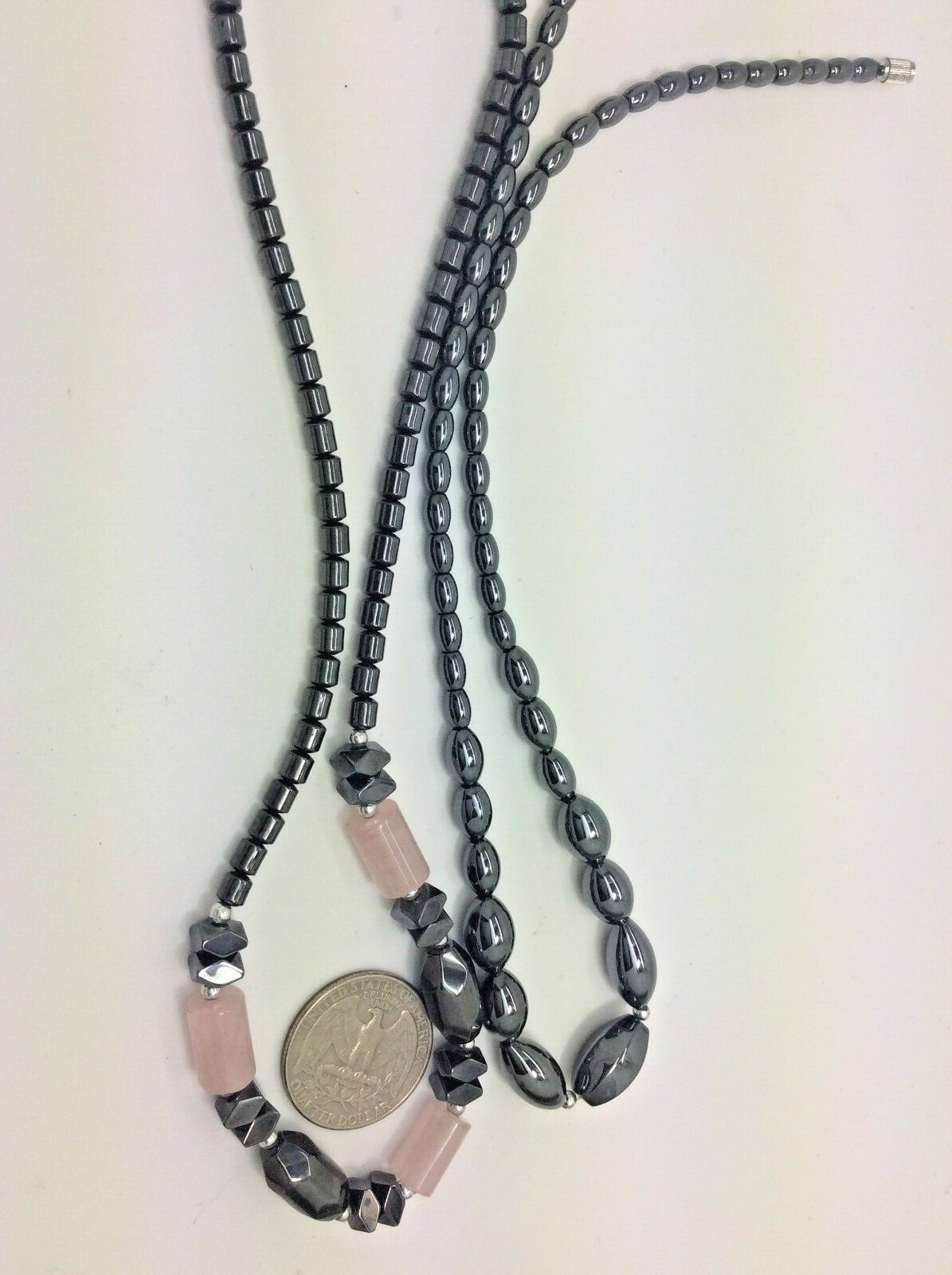 2 Hematite Bead 17- 18″ Necklaces Rose Quartz + Graduated Ovals