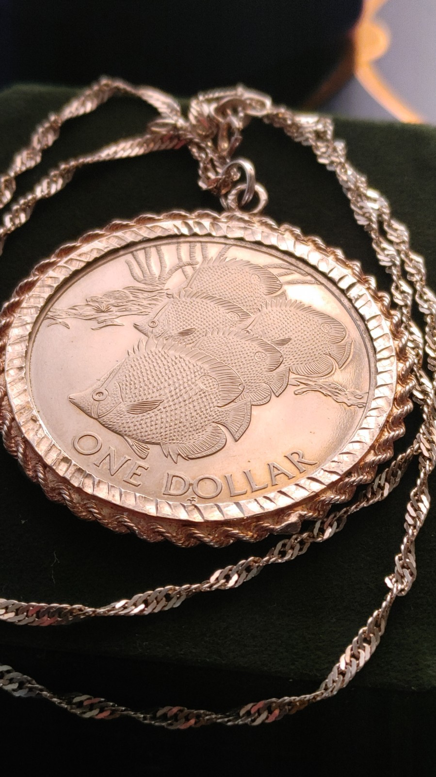 1985 British Virgin Island Butterfly Fish Silver Dollar Pendant w 22″ 925 Chain