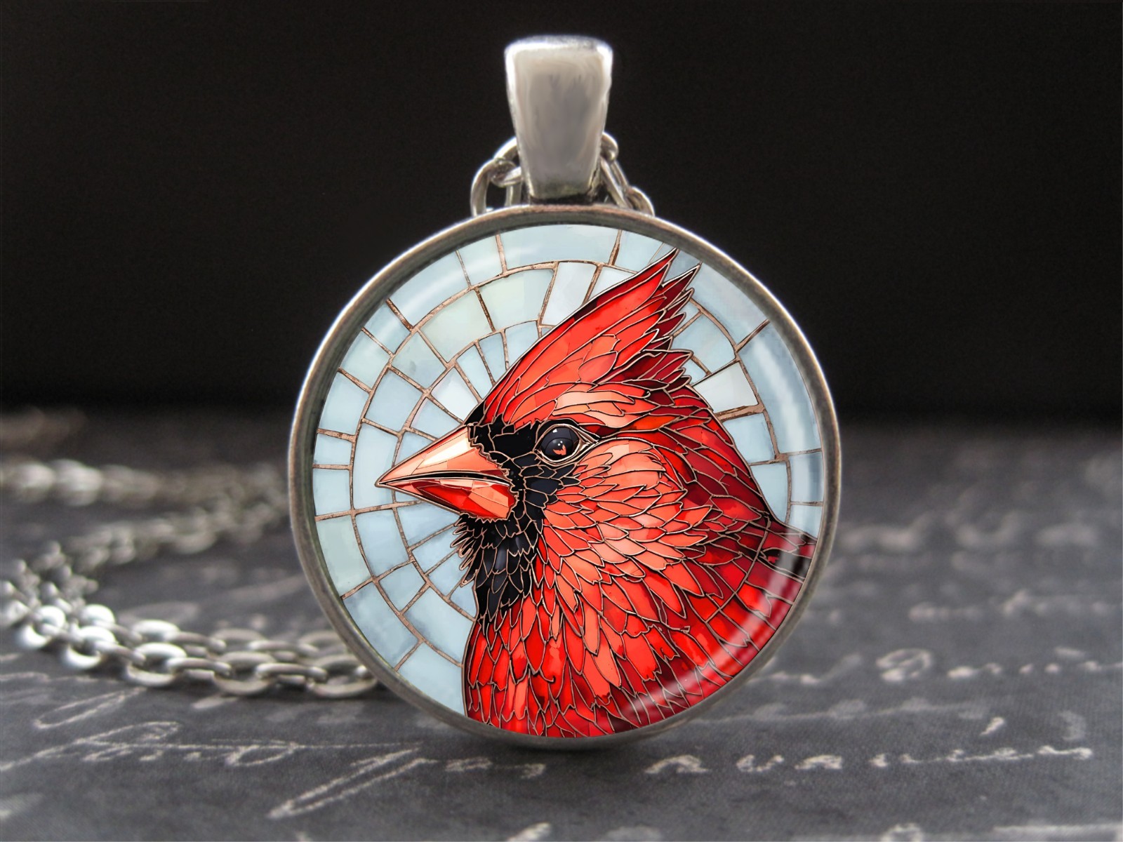 Cardinal Necklace Faux Stained Glass Pendant Silver Chain Red Bird Art Jewelry