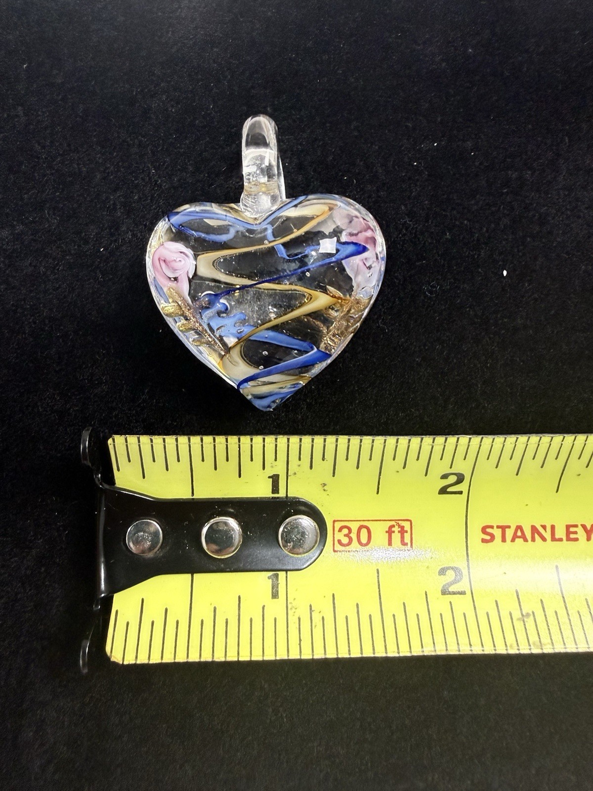 Handmade Art Glass Heart Pendant Blue Gold Pink Pop Out Textured Floral