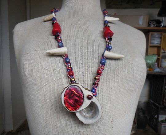 Red Abalone Shell Cruelty Free Antler Pill Box Stash Necklace Coral Lapis Lazuli