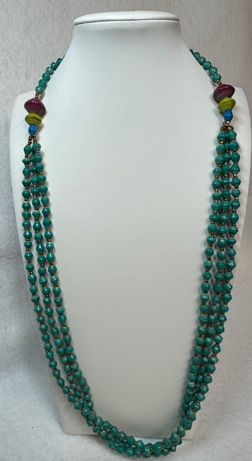 Teal Green Uganda African Rolled Paper Bead Single to Triple strand Necklace NEW