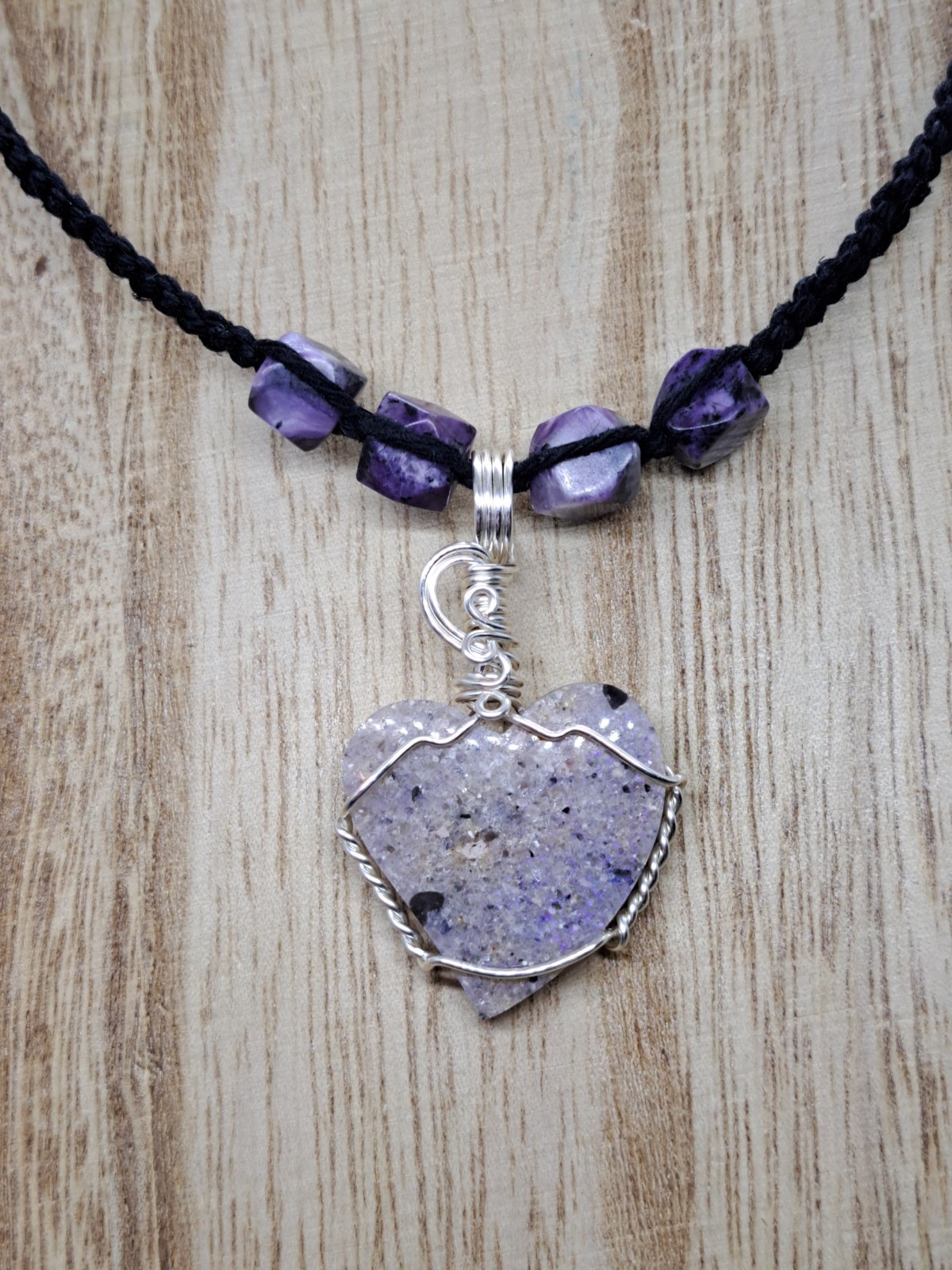 Louisiana Opal Heart Hemp Necklace With Charoite Beads