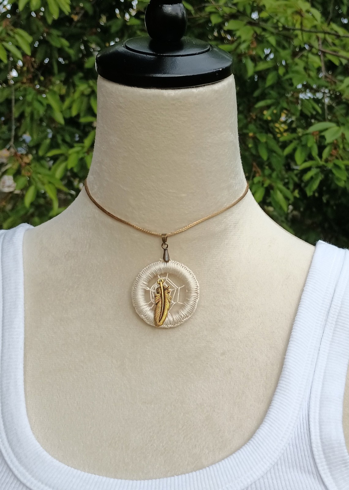 Steampunk Style White Spider Web Necklace w/Feather (adjustable cord) multicolor