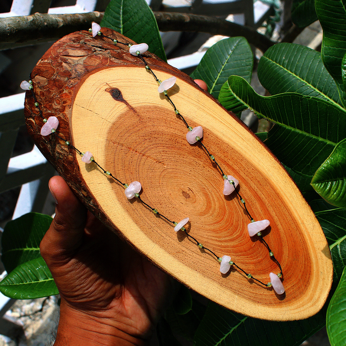 Hand Crafted Natural Rose Quartz & Peridot Micro Macrame Beaded Crystal Necklace