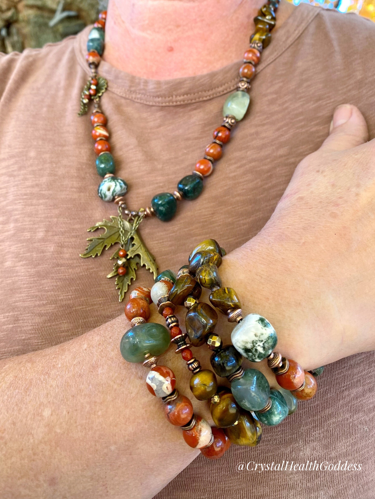 Red Autumn Multi-Gemstone Statement Jewelry Set Necklace + Bracelet + Earrings