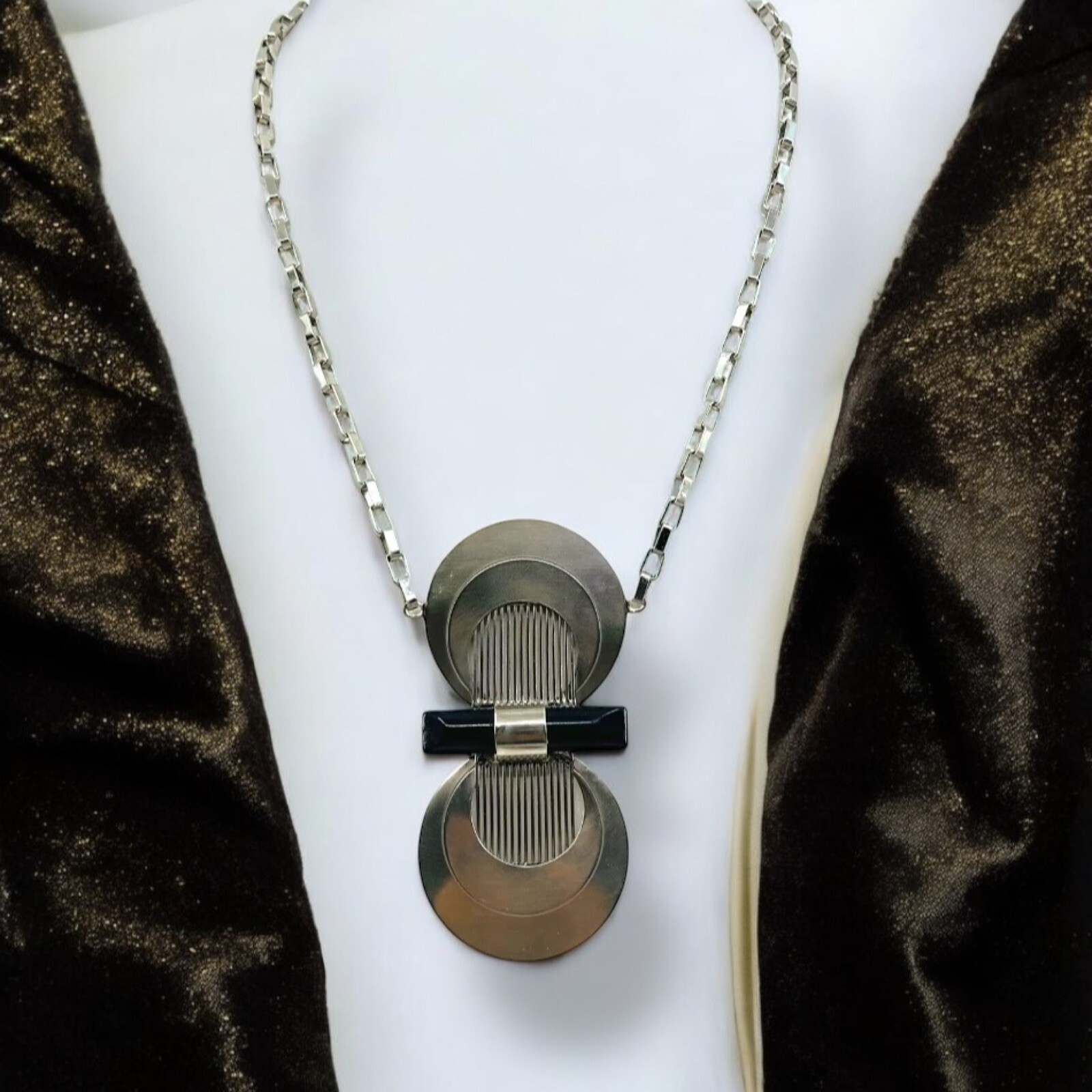 Modern Design Silver Metal and Black Lucite Pendant Statement Necklace