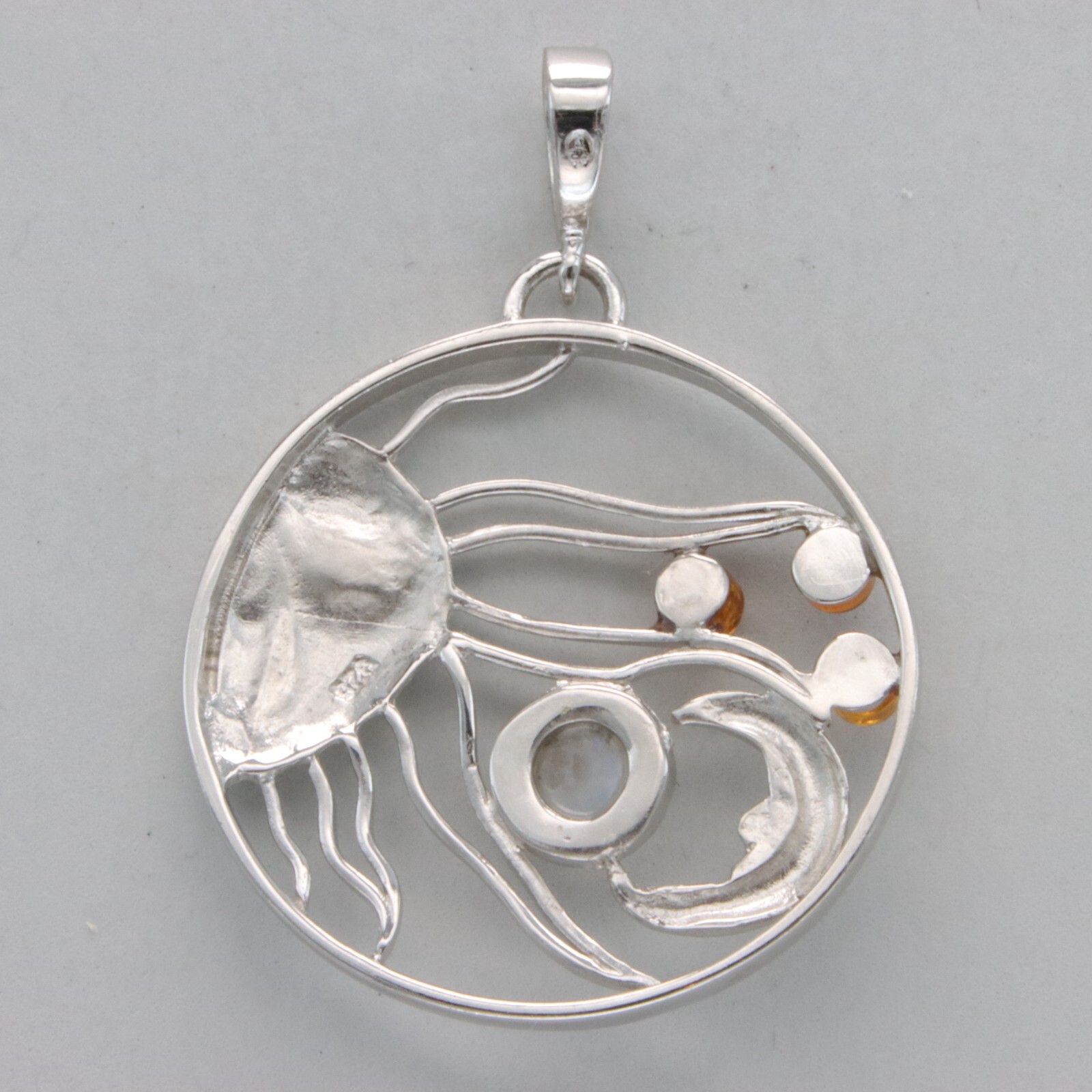 MOONSTONE & Baltic Amber Sun Moon Star Pendant 925 STERLING SILVER Rhodium #276