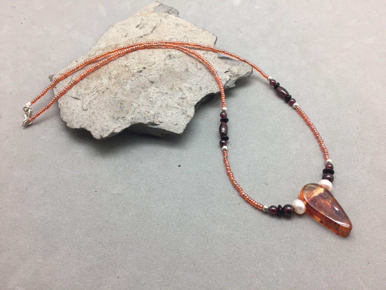 Genuine Amber Pearl Garnet Necklace Red Glass Seed Beads 20″ Sterling Silver