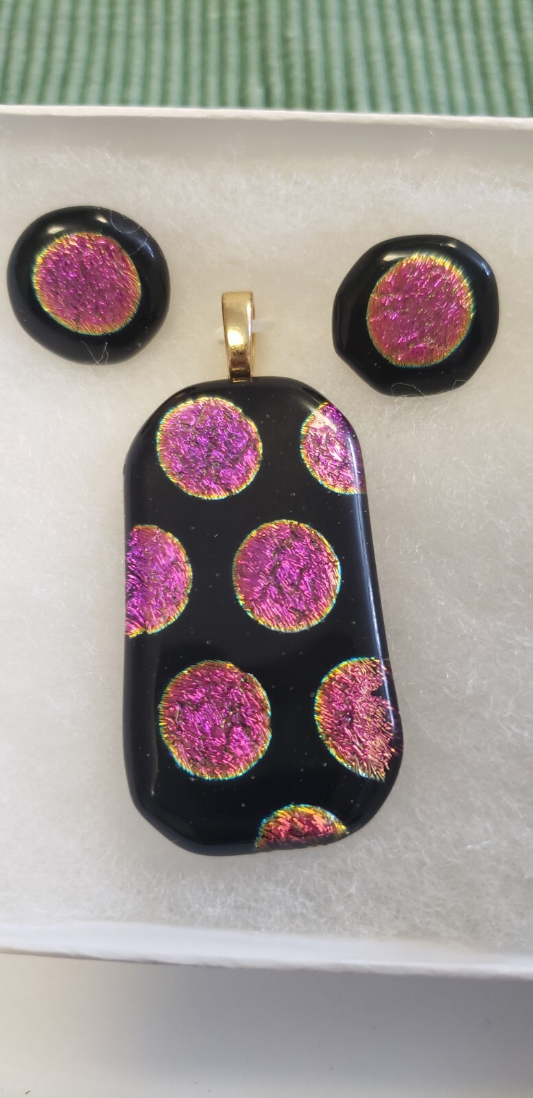 New Fused Glass Cabochon Pendant And Earrings Set, Pink/Purple On Black