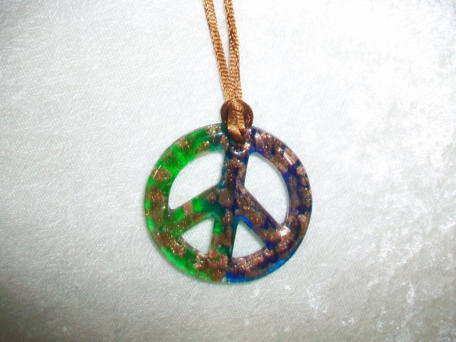 Blue Green Copper Peace Sign Art Glass Pendant Necklace Adjustable 38″ Silk Cord