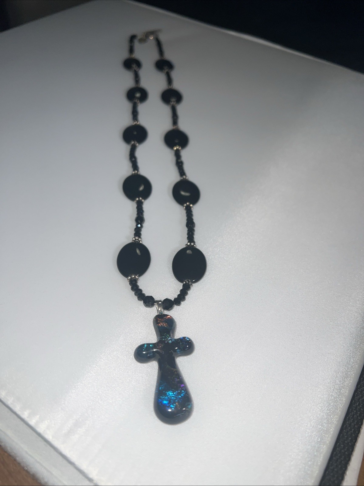 Dichroic fused glass cross pendant Crystal &Stone 26” Necklace Sterling Accents