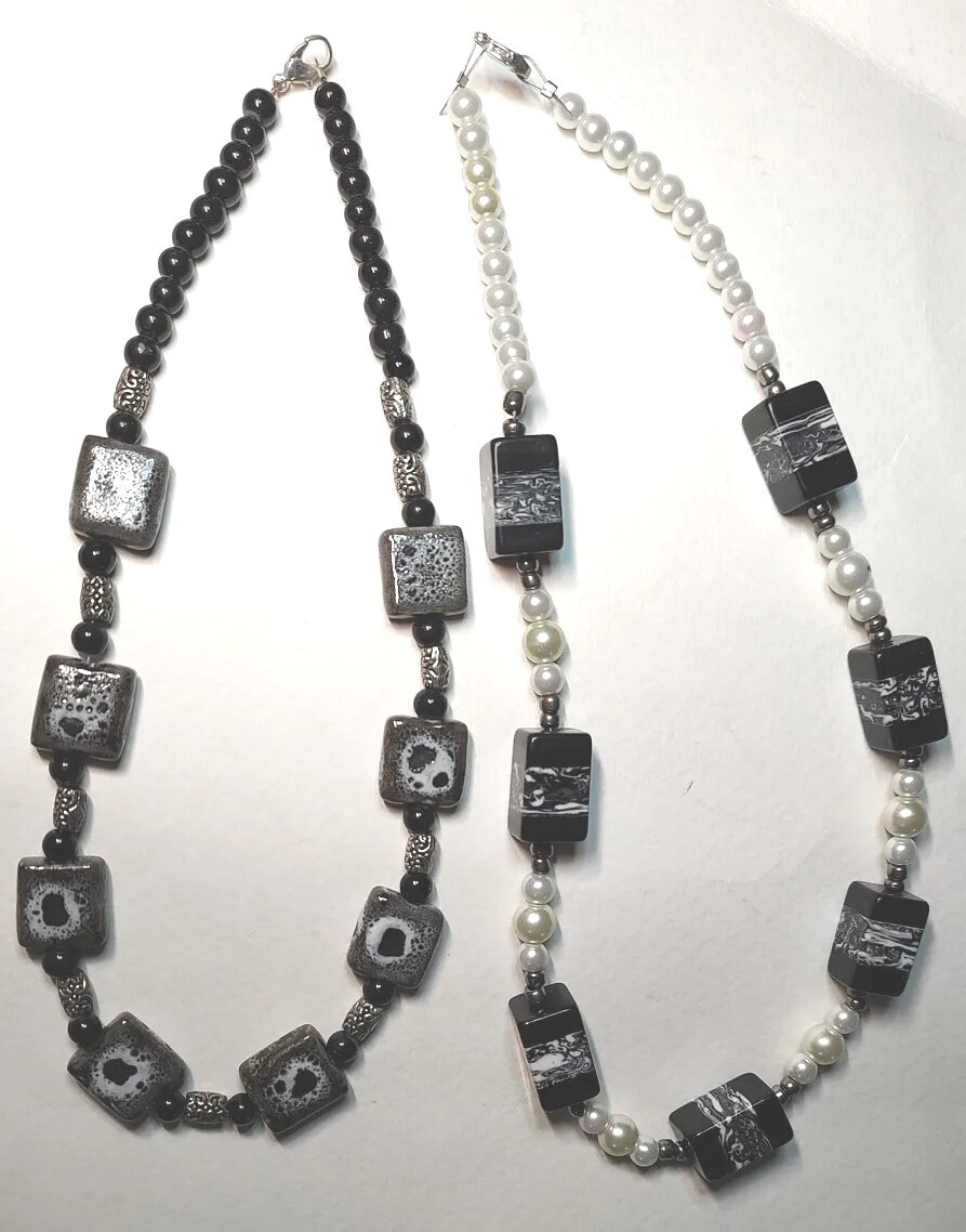 Lot Of Two Homemade Custom Black White And Silver Beaded Block Necklaces Gift