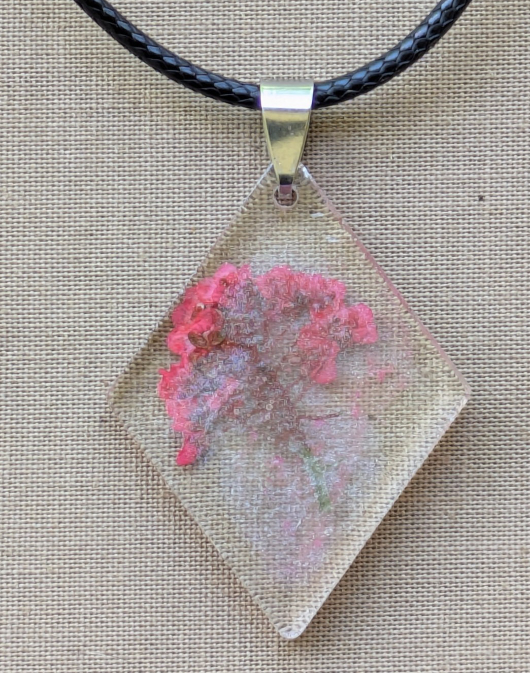 Handmade Resin Pressed Flower Pendant Necklace In Pink with Shimmer
