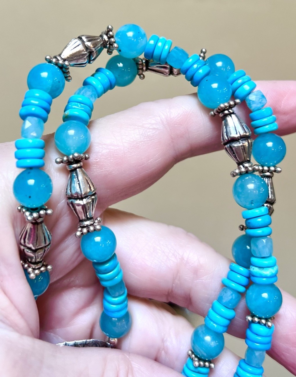 Wonderful EON Designer Sterling Silver, Turquoise And Amazonite Ornate Necklace