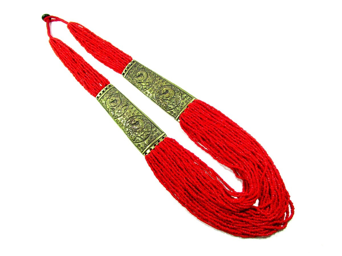 N6136 Red Glass Bead Multi Strand Peacock bird Tribal Naga Necklace gift Women