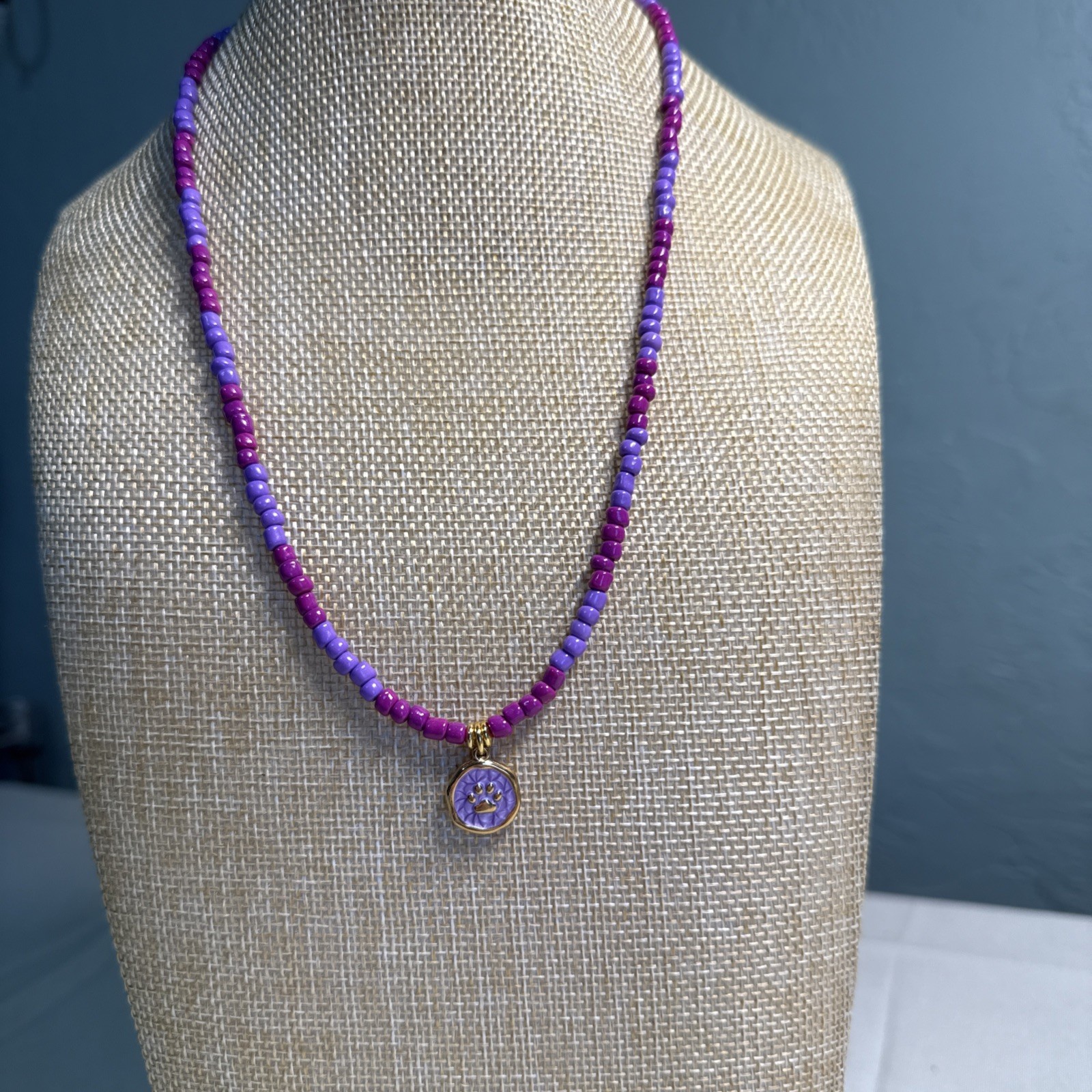 Glass Beaded Necklace Purple And Pink With Dog Paw Pendant 20 Inches Long NWT