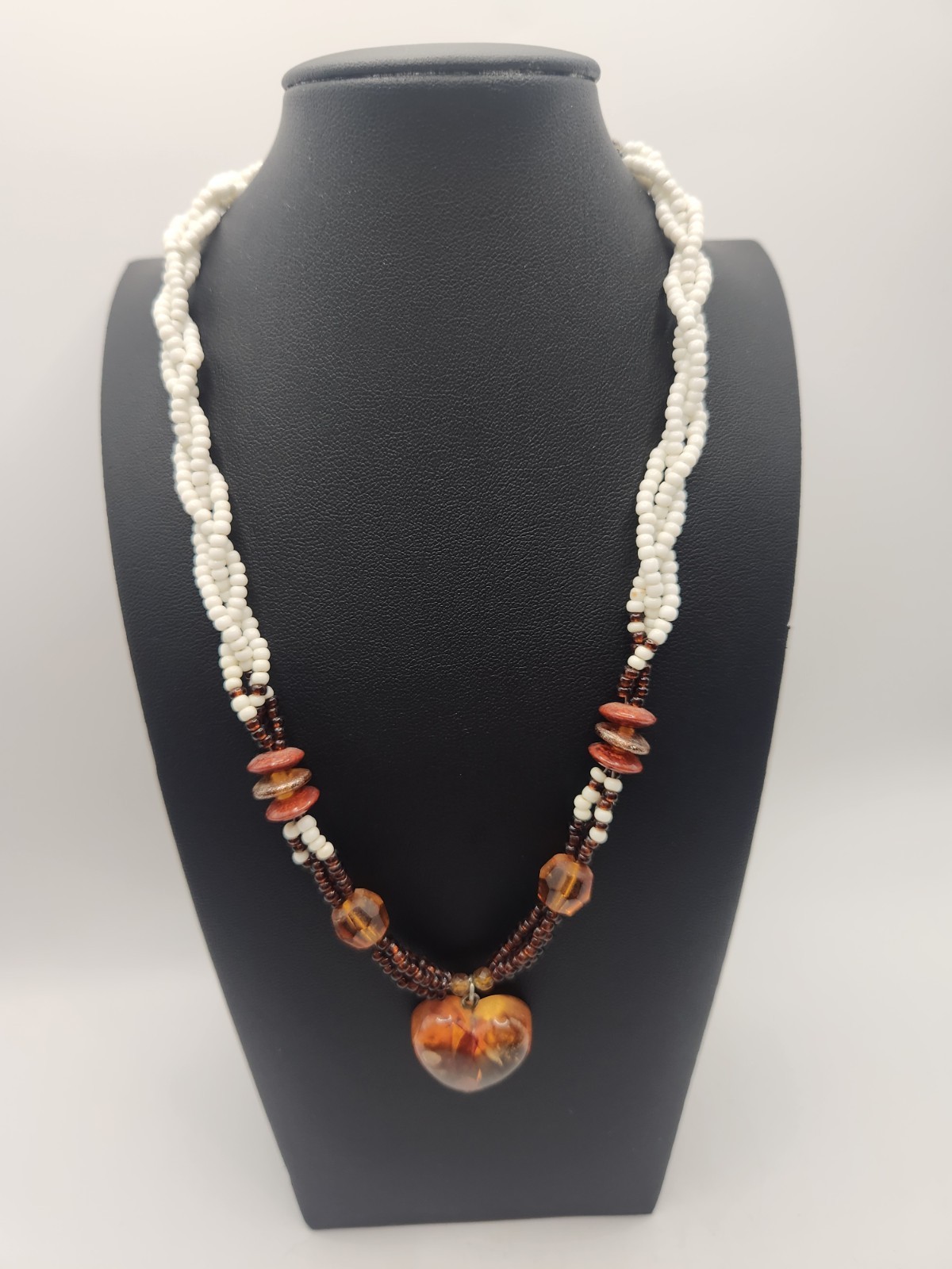 Handmade Beaded Necklace Sterling 925 Clasp Amber Lucite Heart Pendant