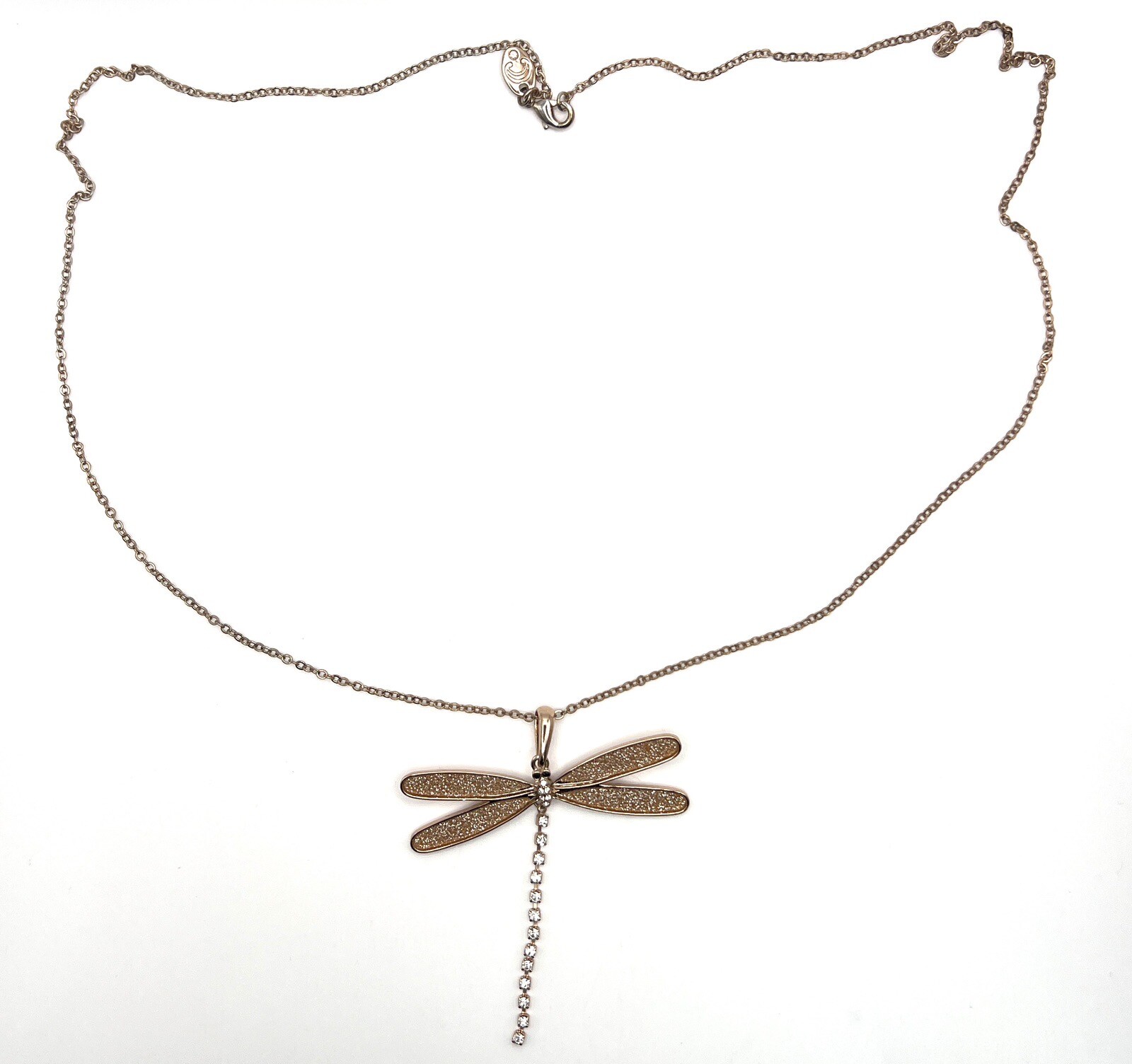 Rose Gold DragonFly Pendant Necklace 30 Inch Rhinestone