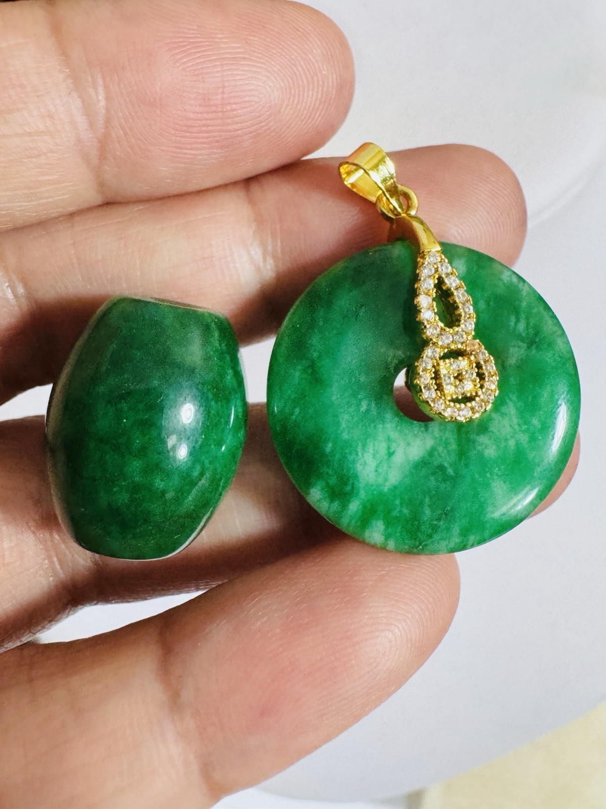 Jade Pendant Two Set Donut/Barrel Burmese Burma Emerald Green 12.36g High Grade.