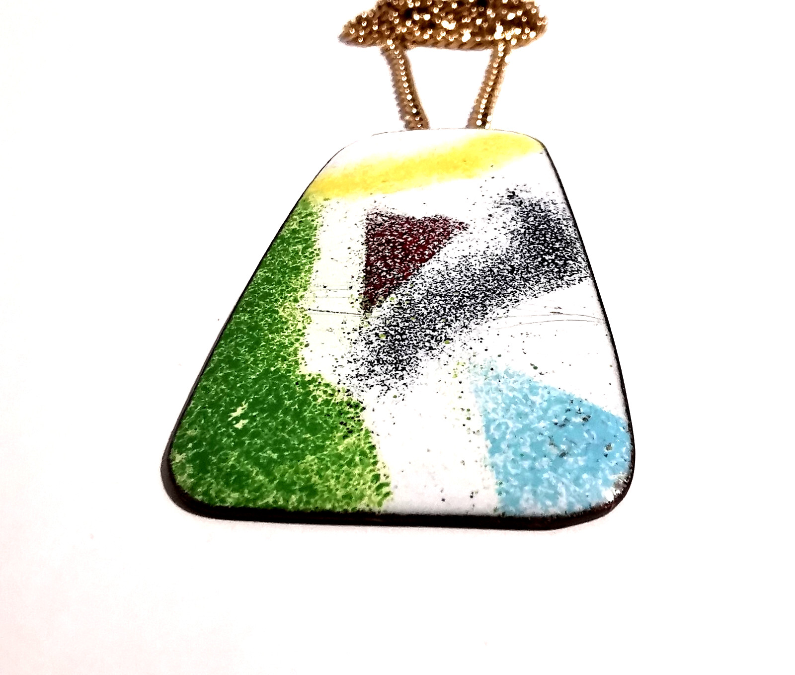 Enamel Copper Pendant Vintage Unique Artisan Abstract Design Yellow Brown Green