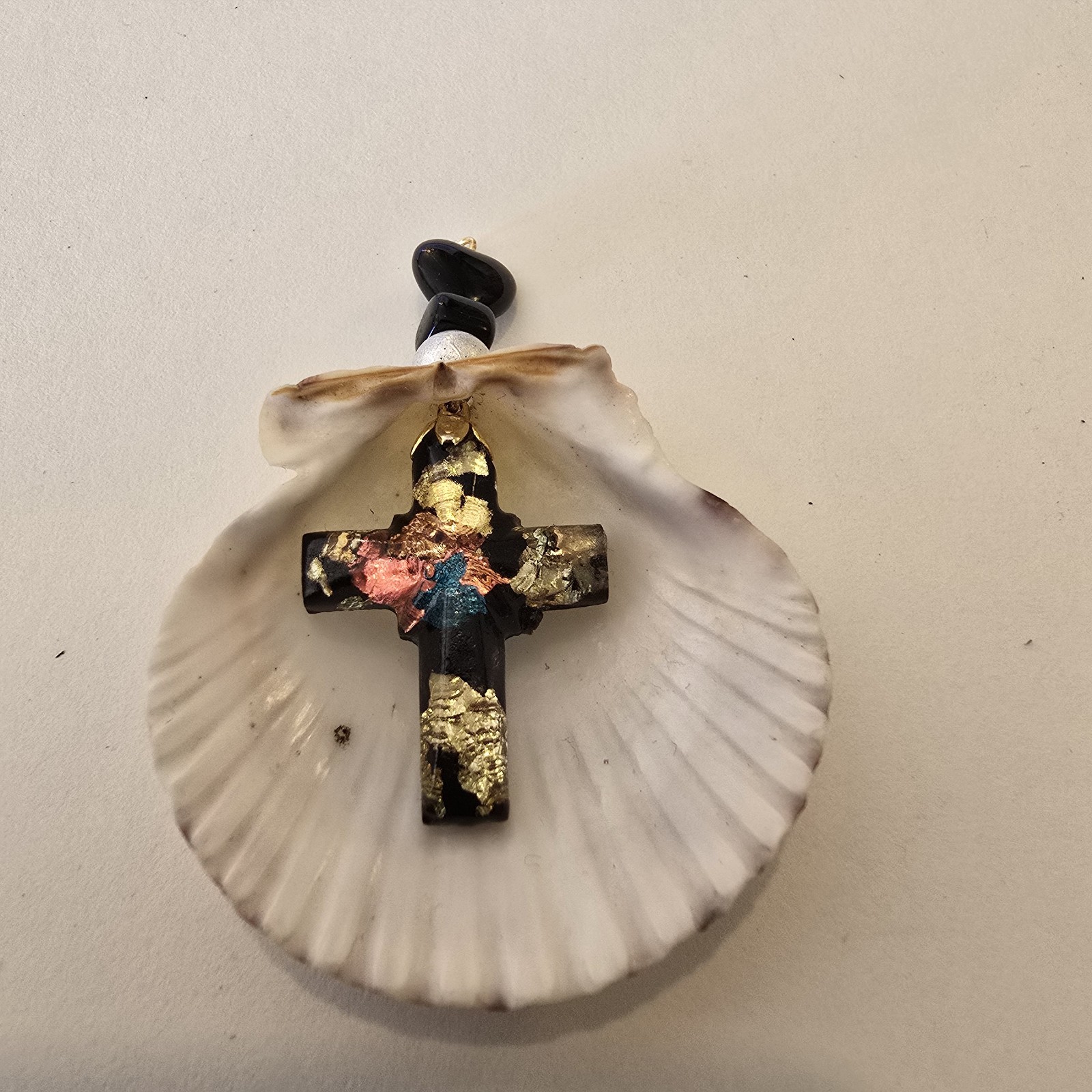 Handmade Necklace Pendant Scallop Shell w Resin Christian Cross One Of A Kind